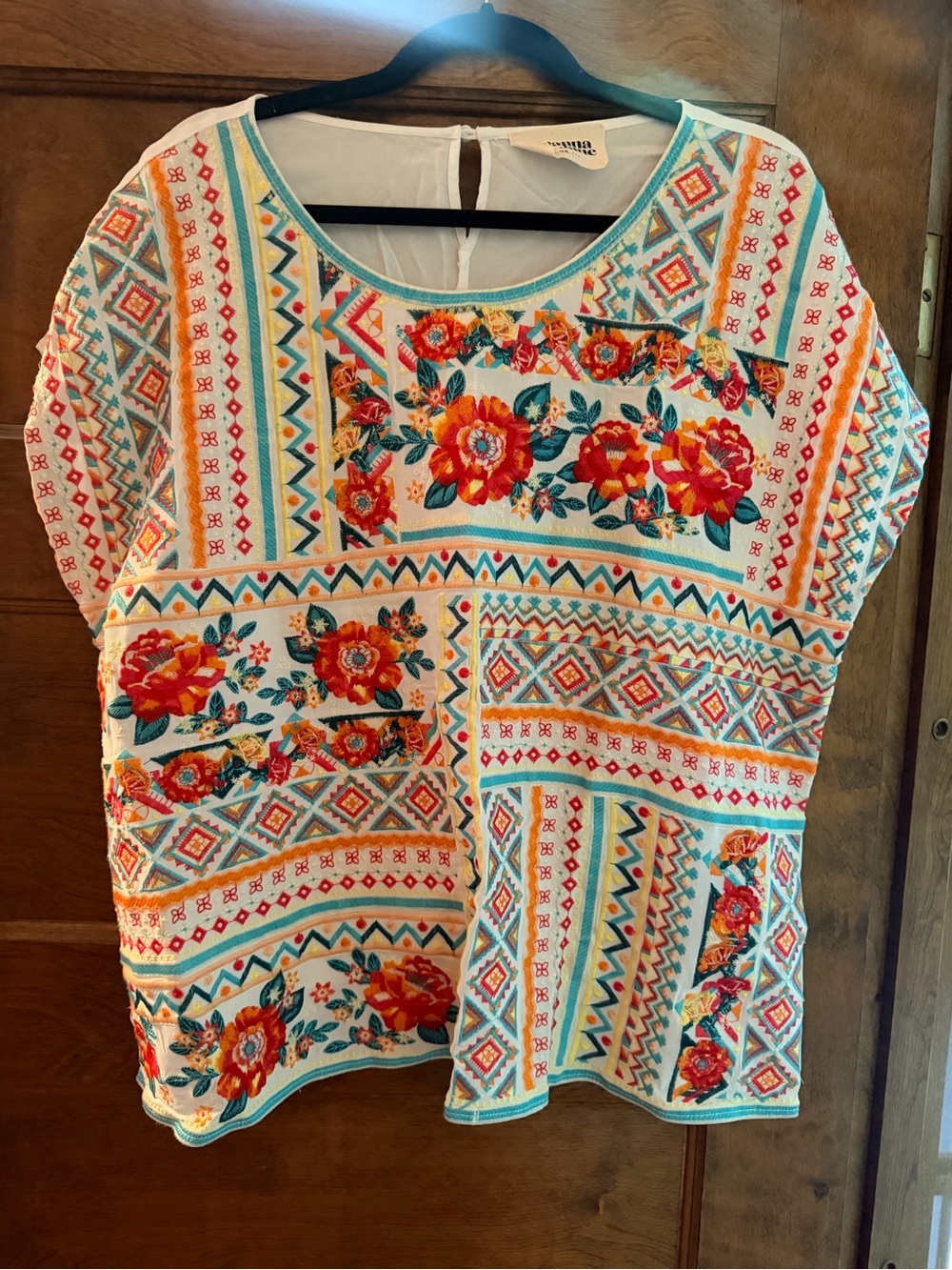 Savanna Jane White Floral Embroidered Patchwork Top with Red & Teal